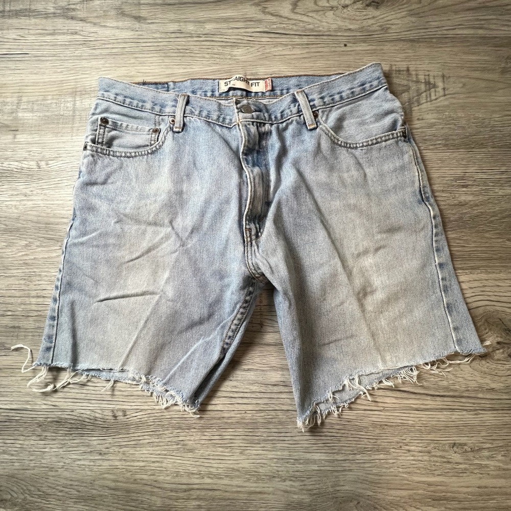 Levis 505 Denim Shorts Mens 36 Light Blue Straight Fit Cutoff Jorts 505-0216